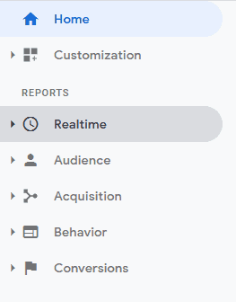 Realtime menu in Google Analytics